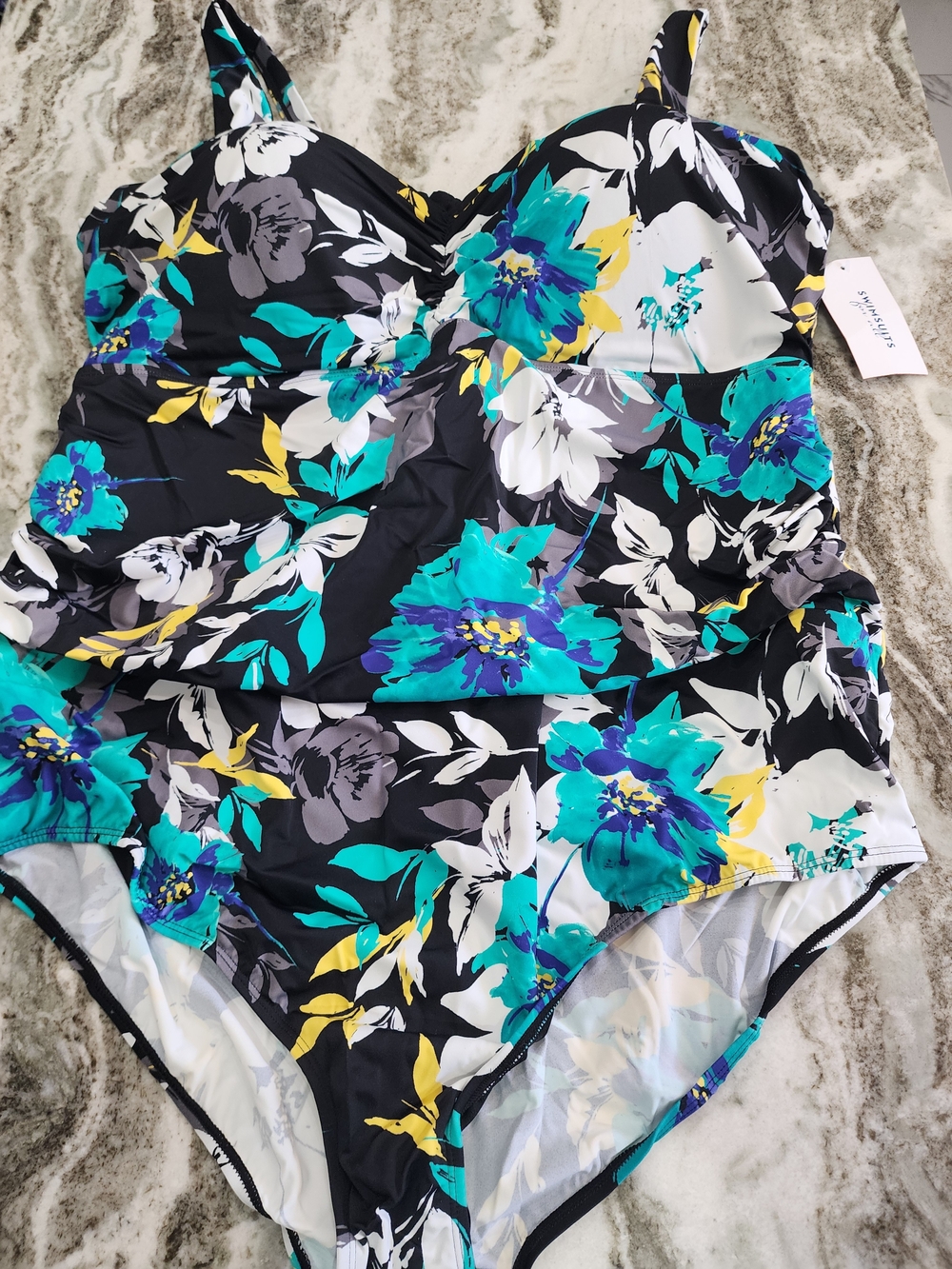 Floral One-Piece Swimsuit in Black with Teal & Yellow New With Tag